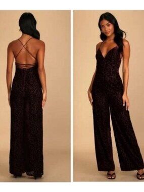 Lulus Very Classy Plum Floral Burnout Velvet Lace-Up Wide-Leg Jumpsuit